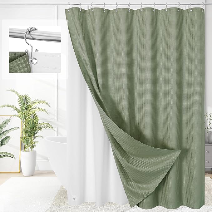 Craidlela 3 in 1 Extra Long Shower Curtain Set-72 W x 84 H, Sage Green Waffle and PEVA Liner Set with 12 Stainless Steel Hooks, Waterproof Fabric for Bathroom