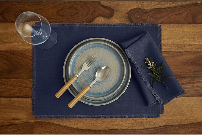 Solino Home Linen Navy Blue Placemats Set of 4-100% Pure Linen Placemats 14 x 19 Inch for Winter - Fringe