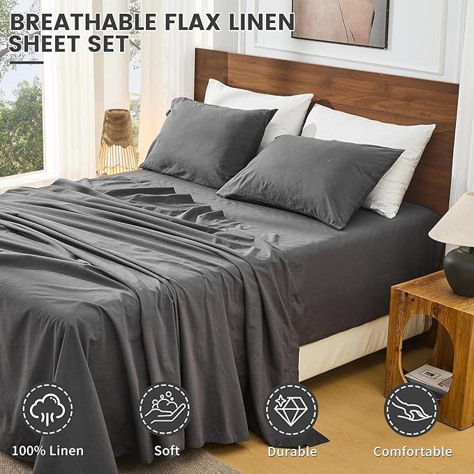 Bedlifes 100% French Flax Linen Sheets Set King Size - 6 Piece Extra Deep Pocket 18-24",Soft Breathable King Bed Sheets with Temperature Regulating & Moisture-Wicking(Dark Grey