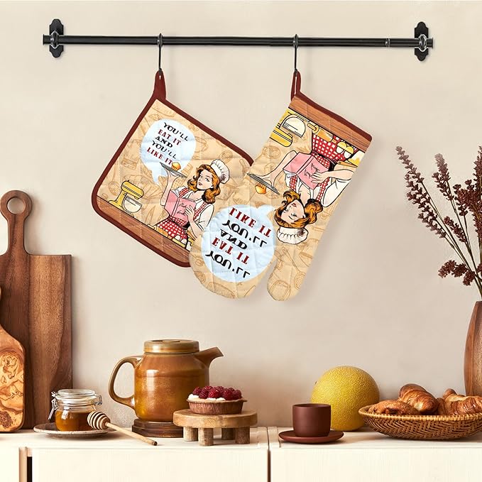 Retro Housewife Oven Mitts and Pot Holders Sets 2Pcs, 100% Cotton Heat Resistant, Extra Long Oven Gloves Potholder for Kitchen Cooking Baking Decoration