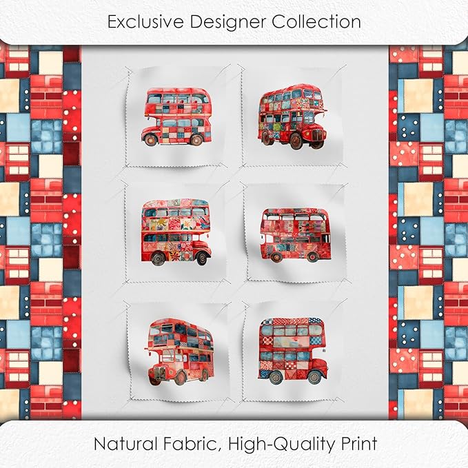 Patchwork Double-Decker Bus Cotton Fabric Panel – 6 Designs (10×10 inch Each) + Bonus Sheet 29.5×19.6 inch, 100% Cotton 140 GSM, Made in Türkiye