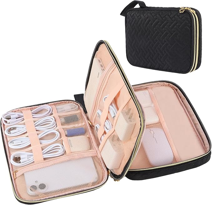 ZFZGFRCS Electronics Organizer Travel Case, Charger Bag Cord Organizer Travel, All-in-One Cable Organizer Bag for Charger, Cords, Phone, Headphones, Flash Drive, SD Card (Black, Large-Double Layer)