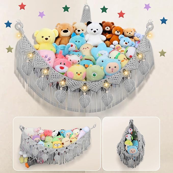 Stuffed Animal Hammock Corner - 56'' Jumbo Handcrafted 5mm Double Macrame Cord Toy Hammock Holder - 100% Natural Cotton Stuffed Animal Storage Net - Gray Stuffy Plushie Net w/LED Star Light