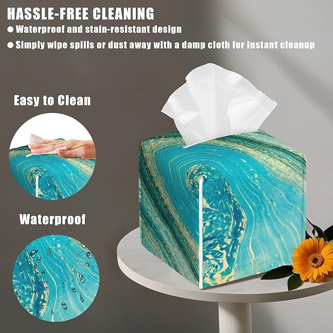 Leather Tissue Box Holder Turquoise and Gold Liquid Marble Tissue Box Cover Facial Paper Case Organizer Cube Napkin Dispenser for Bathroom Vanity Countertop Night Stand Office Car