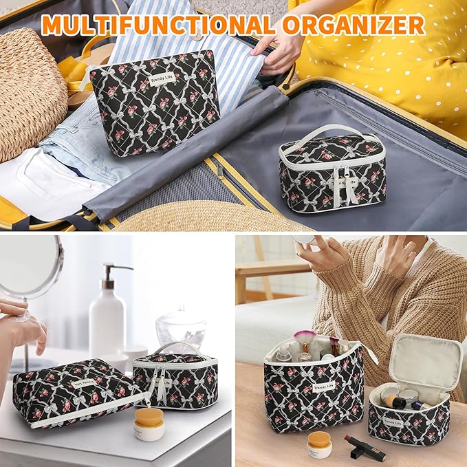 HAOGUAGUA 2 Pieces Makeup Bag, Small Large Quilted Cosmetic Bag, Travel Floral Make Up Toiletry Organizer Bag for Women Girls (2PCS STYLE B-5)