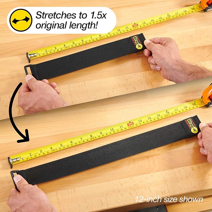 Super-Stretch Wrap-It Storage Straps - 9" (10 Pack) - Elastic Cinch Straps for Extension Cord Management, Cable Storage, Hose Organizer with Hook and Loop Closure to Strap Your Hose, Rope, and More