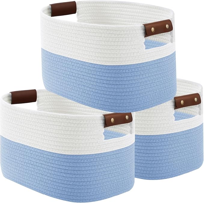 ECDYQXVU Cotton Rope Basket, Storage Baskets with Handle, 15x10x9 Inch Woven Basket for Shelves, Laundry, Towels, Clothes, Books (White/Blue 3Pack)