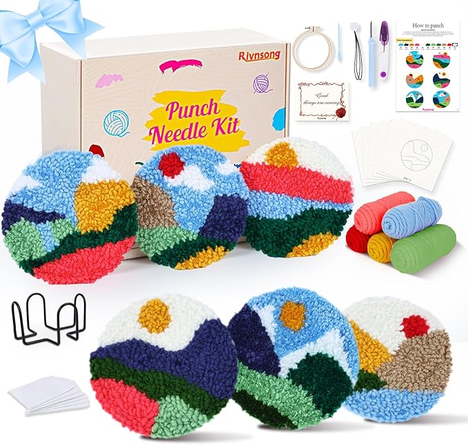 Rivnsong Punch Needle Kit for Beginners – Make 6 Nature-Inspired Coasters with Hoop, Premium Monk’s Cloth & 10+ Yarn Colors | Includes Video Tutorial | Relaxing DIY Gift for Adults & Kids 8+