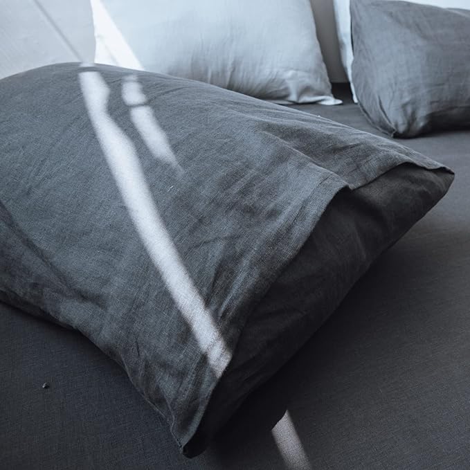 Simple&Opulence Washed Linen Bed Sheet Set Basic Style 4 Pieces (1 Flat Sheet & 1 Fitted Sheet & 2 Pillowcases) 100% Natural French Flax Soft Breathable Farmhouse Bedding (Queen, Dark Grey)