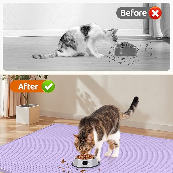 Bartuke Cat Food Mat, 40" x 28" Extra Large Silicone Pet Feeding Mat with Raised Edge Pet Placemat for Food and Water Bowl Non-Slip, Easy to Clean, Floor Protection (Purple)