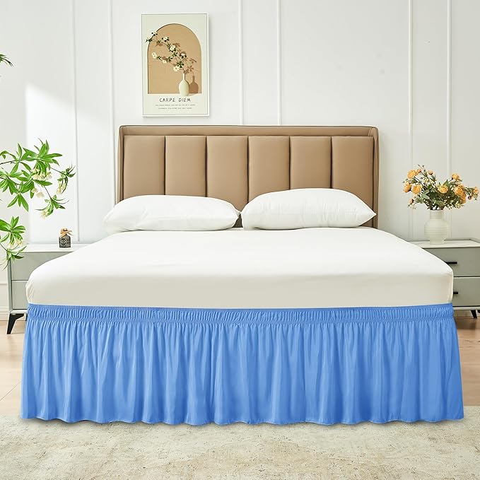 Biscaynebay Wrap Around Bed Skirts for King & Cal King Beds 15" Drop, Denim Blue Elastic Dust Ruffles with Adjustable Belts Silky Luxrious Fabric Machine Washable