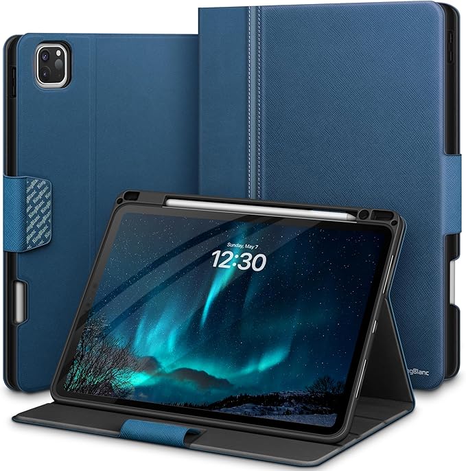 KingBlanc Case for iPad Pro 13-inch (M5 2025, M4 2024) with Built Pencil Holder, PU Leather Smart Stand Cover, Auto Sleep/Wake, Supports Pencil Pro/Pencil (USB-C), Multi-Viewing/Drawing Angles, Blue