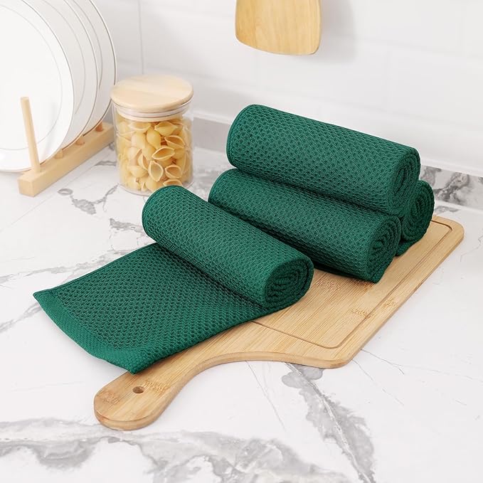 Kitinjoy 100% Cotton Waffle Weave Kitchen Towels, 4-Pack Super Soft and Absorbent Dish Towels for Drying Dishes, Kitchen Hand Towels, 13 in x 28 in, Dark Green
