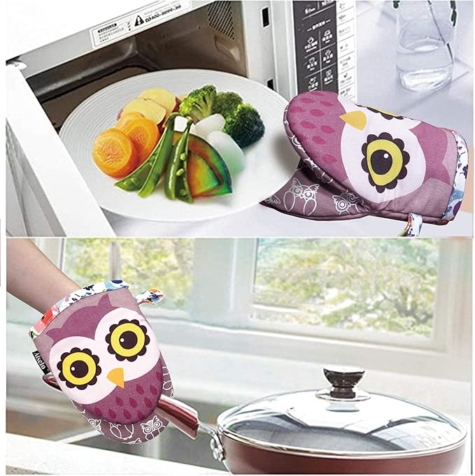 Mini Oven Mitts,2pk - Silicone Little Kitchen Gloves, Heat Resistant with Non-Slip Grip and Soft Quilted Cotton Lining for Safe Backing Cooking Barbecue (Purple, 2)