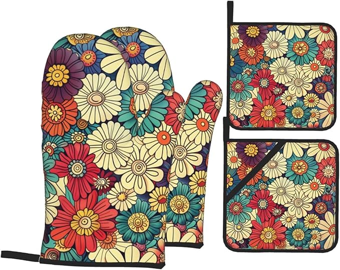 4 Pieces Flowers Oven Mitts and Pot Holder Set Floral Oven Gloves and Hot Pads Pot Holders for Farmhouse Kitchen Accessories and Decoration (Flowers)