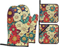 4 Pieces Flowers Oven Mitts and Pot Holder Set Floral Oven Gloves and Hot Pads Pot Holders for Farmhouse Kitchen Accessories and Decoration (Flowers)