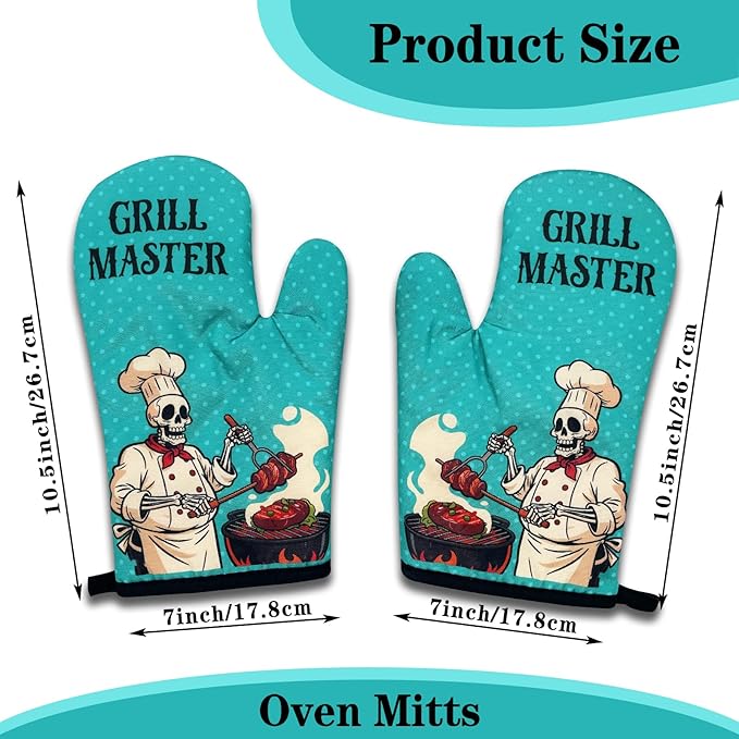 2 Pack Funny BBQ Oven Mitts for Men, Grill Master, Skeleton Heat Resistant Silicone Non-Slip Mitts, Christmas Birthday Gifts for Dad Husband, Grilling Gifts for Men Chef Friend BBQ Lovers