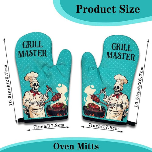 2 Pack Funny BBQ Oven Mitts for Men, Grill Master, Skeleton Heat Resistant Silicone Non-Slip Mitts, Christmas Birthday Gifts for Dad Husband, Grilling Gifts for Men Chef Friend BBQ Lovers
