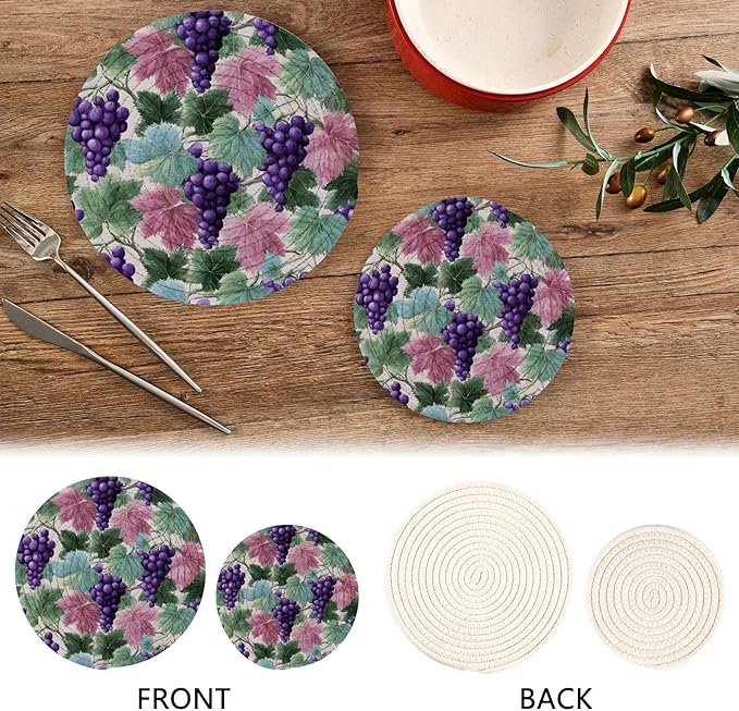 Boccsty Spring Summer Grape Trivets for Hot Pots and Pans Leaves Pot Holders 2PCS Hot Pads Kitchen Pot Holder for Counter Table Countertop Farmhouse