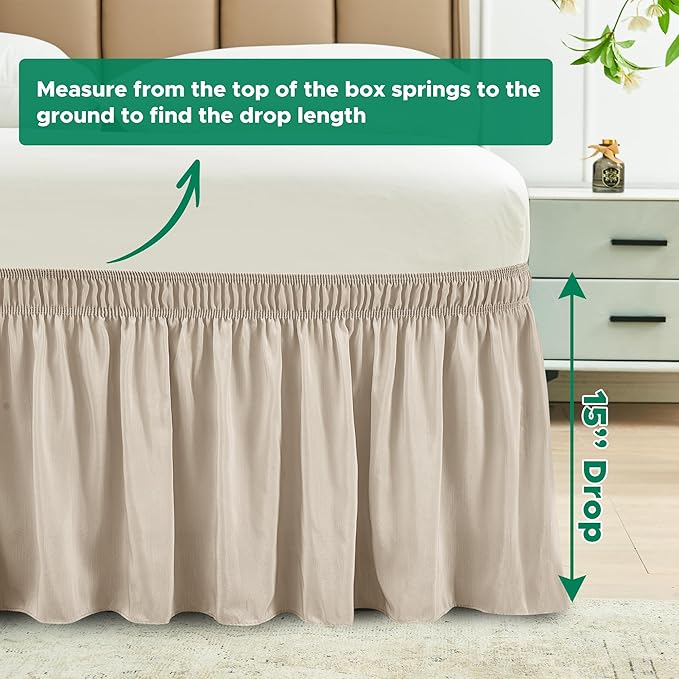 Biscaynebay Wrap Around Bed Skirts for Twin & Twin XL Beds 15" Drop, Light Camel Elastic Dust Ruffles with Adjustable Belts Silky Luxrious Fabric Machine Washable