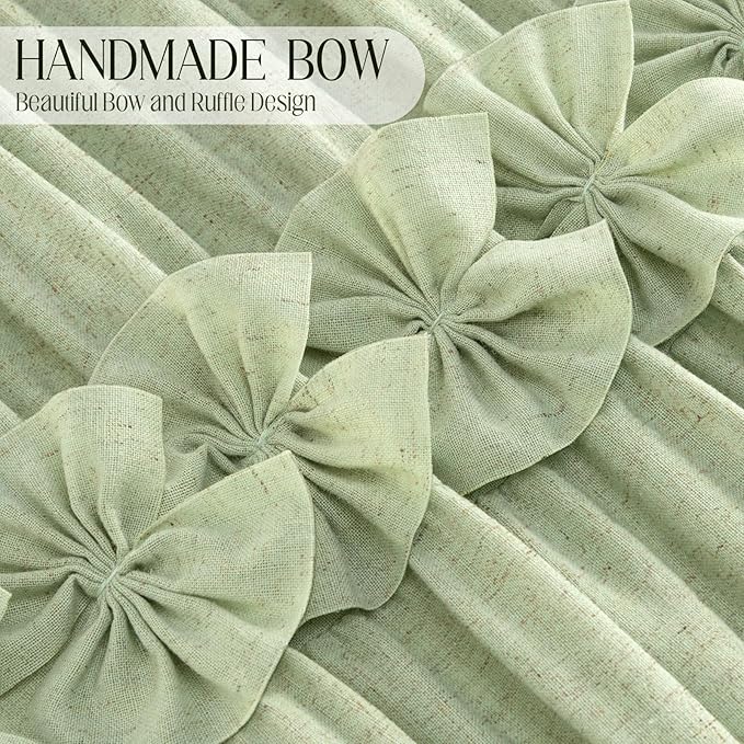 XOGUIBO Ruffle Shower Curtain with Handmade Bow Tie, Green Linen Vintage Farmhouse Shower Curtain for Bathroom, 72" W x 72" H
