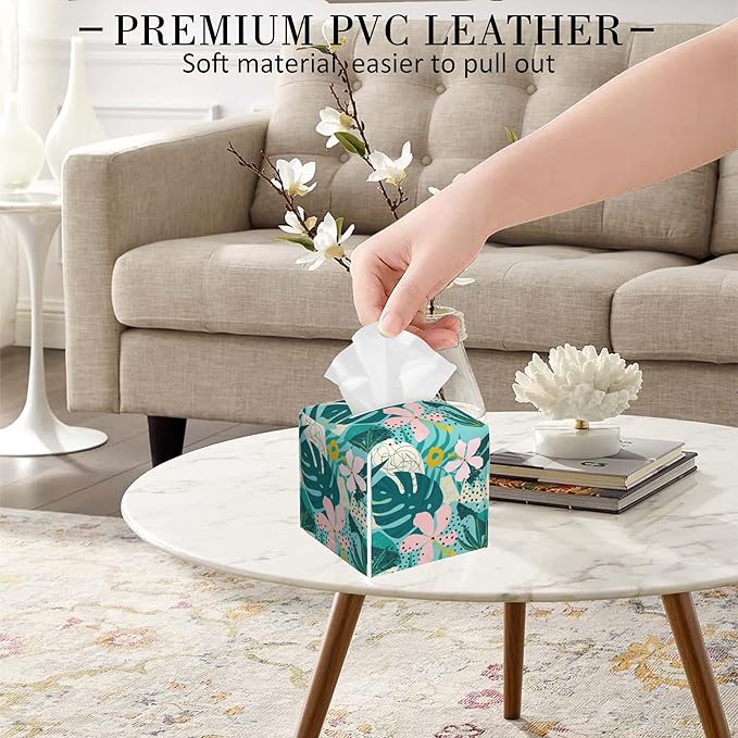 POIUBLE Tropical Flowers and Palm Leaves Tissue Box Cover Leather Tissue Box Holder Square Facial Paper Organizer Dispenser for Bathroom Kitchen Bedroom Vanity Countertop Night Stands