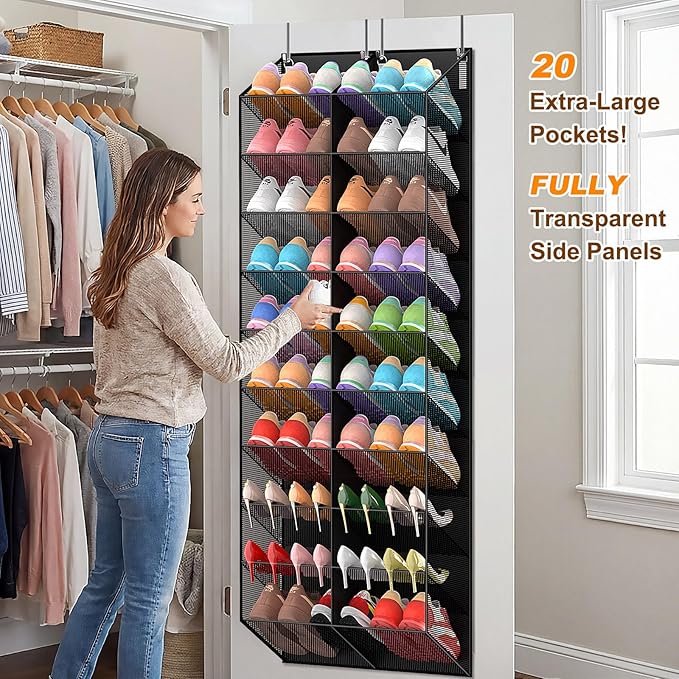 UVIAHOMI 30 Pairs Over the Door Shoe Organizer, Breathable Mesh Pocket Hanging Shoe Storage for Closet, 10-Tier Door Shoes Rack, Handing Shoes Holder Fit All the Family's Sneakers, Boots, Heels, Black