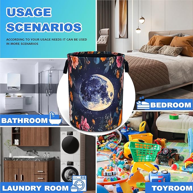 Moon Flowers Laundry Basket Oxford Cloth Night Starry Sky Laundry Hamper With Handle Foldable Portable Clothes Storage Basket 18.9 X 16.5 In Storage Bag For Laundry Room/Bathroom/Bedroom