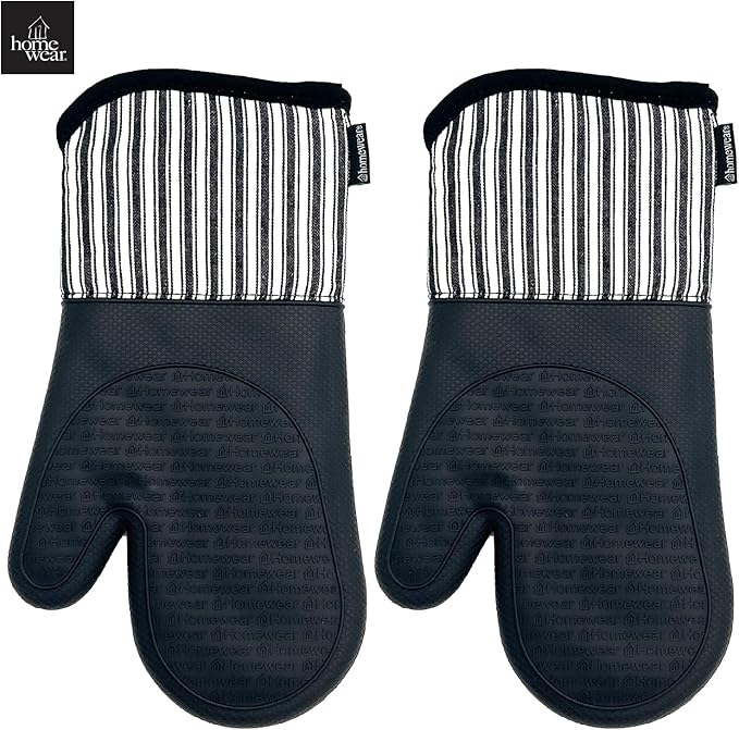 Homewear Marlow Silicone Extra Long Oven Mitt 2 Piece Set, Heat and Slip Resistant, Recycled Cotton with Soft Lining, Thick Kitchen Gloves for Cooking, Black