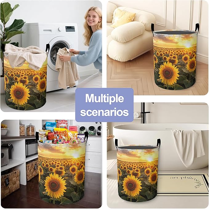 Laundry Basket,Sunset Sunflowers Large Canvas Fabric Lightweight Storage Hamper Organizer Dirty Clothes Collapsible Waterproof for College Dorms,Bathroom