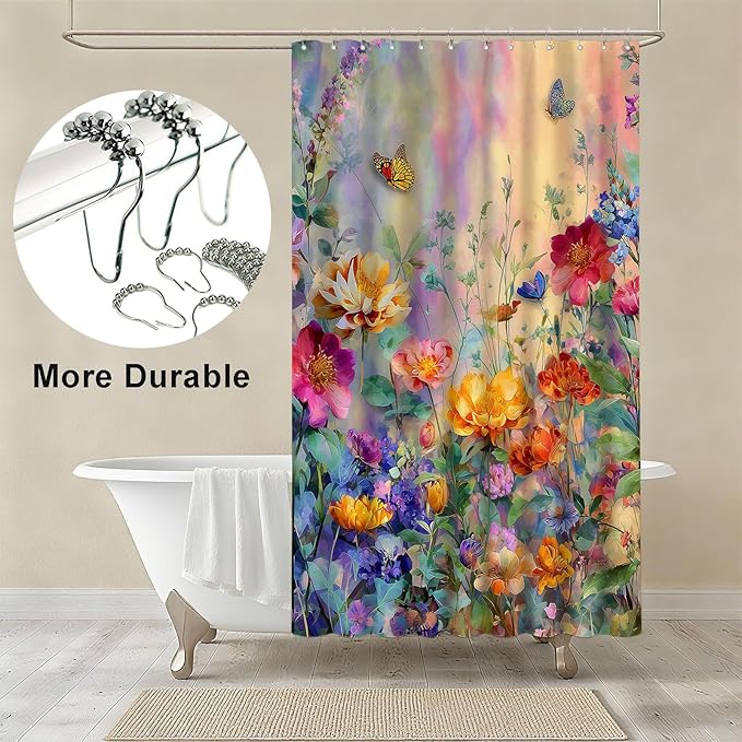 mutakin Wildflower Shower Curtain Colorful Flower Butterfly Shower Curtains for Bathroom Waterproof Fabric Bath Curtain Decor with Hooks