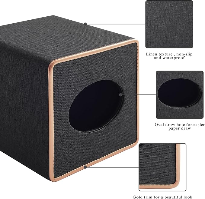RHCSZ Linen Square Tissue Box Cover,Cube Tissue Box Holder－Excellent Rosegold Leather Decoration,Table Napkin Case Dispenser,Facial Tissues Organizer with Magnetic Bottom for Home Office Car(Black)