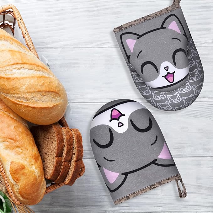 Mini Oven Mitts Cute,Silicone Oven Mitts Heat Resistant 500℉ with Non-Slip Grip and Soft Quilted Cotton Lining for Kitchen Cooking and Baking. Machine Washable-Cat