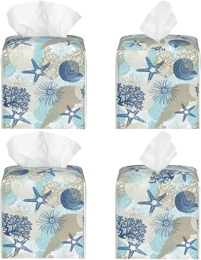 POIUBLE Tissue Box Holder Corals and Seashells Tissue Box Cover Square Leather Tissue Holder Organizer Portable Decorative Facial Paper Case for Home Office Bathroom Vanity Countertop