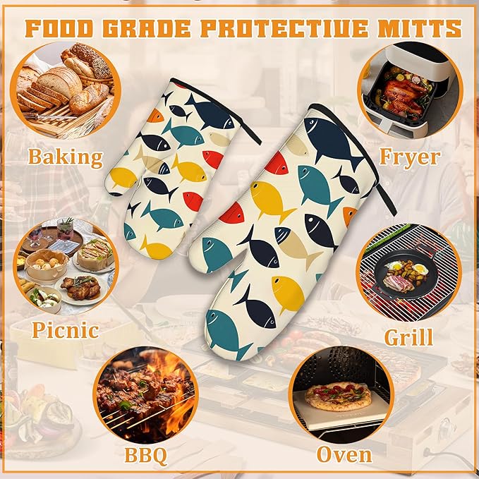 Cute Fish Oven Mitts and Pot Holders Set,Boho Kitchen Decor Heat Resistant Non Slip Hot Pads and Oven Mitt for Chef Cooking Baking BBQ Mom Girl Gifts(4 Piece Set)