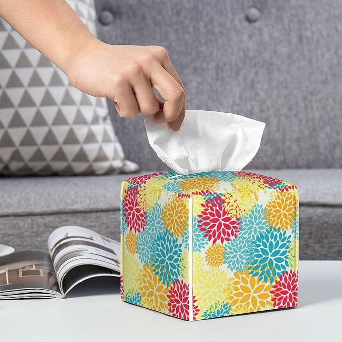 POIUBLE Chrysanthemum Flower Tissue Box Cover Leather Tissue Box Holder Square Facial Paper Organizer Dispenser for Bathroom Kitchen Bedroom Vanity Countertop Night Stands