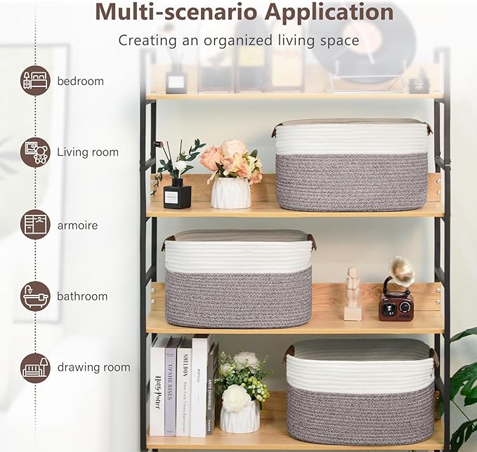 ECDYQXVU Cotton Rope Basket, Storage Baskets with Handle, 15x10x9 Inch Woven Basket for Shelves, Laundry, Towels, Clothes, Books (White Brown 2 Pack)