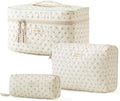 HBselect Quilted Makeup Bag, 3PCS Cotton Large Travel Makeup Bag, Cute Floral Coquette Make up Bag Cosmetic Bag Toiletry Bag for Women Girls