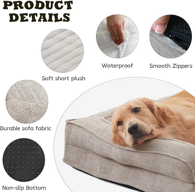 WINDRACING Orthopedic Dog Beds for Large Dogs, Waterproof Egg Foam Dog Sofa Bed with L Bolster Sides, Washable Large Pet Bed with Removable Cover & Non-Slip Bottom, 36 x 27 inch, Beige