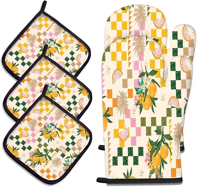 Summer Oven Mitts and Pot Holders Set, Lemon Orange Heat Resistant Oven Gloves - Comfortable and Easy to Clean - Perfect Kitchen Accessories for Durability and Style
