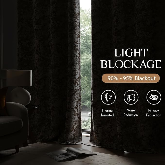 Beauoop Brown Floral Jacquard Blackout Curtains 84 Inches Long 2 Panels for Bedroom Living Room Chenille Flower Room Darkening Thermal Insulated Soundproof Grommet Window Treatments Drapes, 52x84