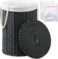 SETVSON Laundry Basket with Lid Round Rattan Laundry Hamper with Lid and Handles 29.1 Gal (110 L) Handwoven Woven Basket with Removable Bags and 2 Mesh Bags for Bathroom Living Room Black