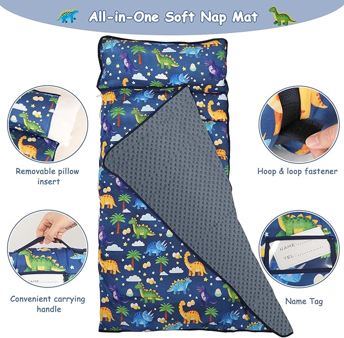 Hooyax Toddler Nap Mat with Pillow & Blanket - Extra Large Size for Toddlers Age 3-7 | Portable Kids Sleeping Bag for Daycare, Preschool, Travel | Roll Up Design for Kids