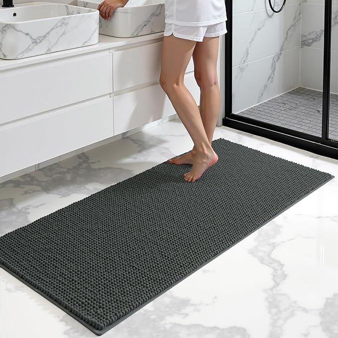 SUBRTEX Bathroom Rugs, 24" x 60" Chenille Bath Rug Soft Short Plush Bath Mat Soft Shower Mat Water Absorbent Shower Mat Quick Dry Machine Washable, Gray