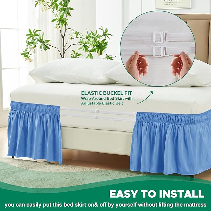 Biscaynebay Wrap Around Bed Skirts for King & Cal King Beds 15" Drop, Denim Blue Elastic Dust Ruffles with Adjustable Belts Silky Luxrious Fabric Machine Washable