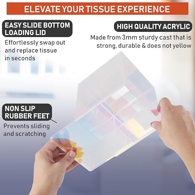 Acrylic Tissue Box Holder, Clear Dispenser for Facial Tissues, Napkins, and Dryer Sheets. Perfect for Bathrooms, Desks, Countertops, Vanities, Bedrooms, and Nightstands (Square, Iridescent)