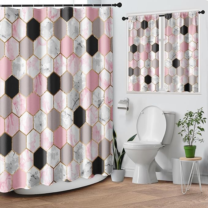 Culudea Geometric Gold Pink Shower Curtain Set, Gray Marble Vintage Bathroom Window Waterproof Shower Curtain Set for Bathroom Decor