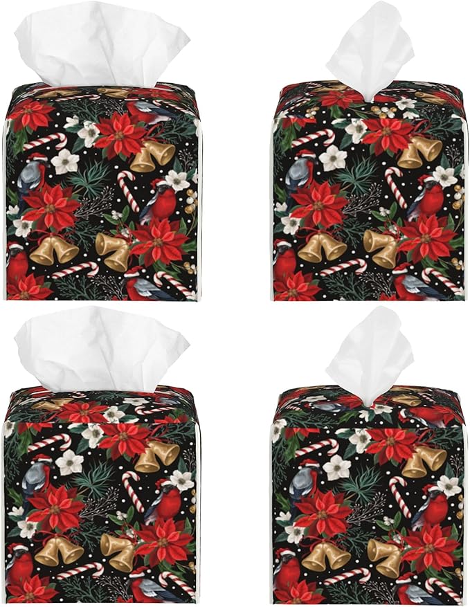 Christmas Poinsettia Flowers Tissue Box Cover Square,Xmas Bells Candy Cane Tissue Box Holder Waterproof Leather Facial Paper Organizer Dispenser for Bathroom Home Car Nightstand Vanity Desk