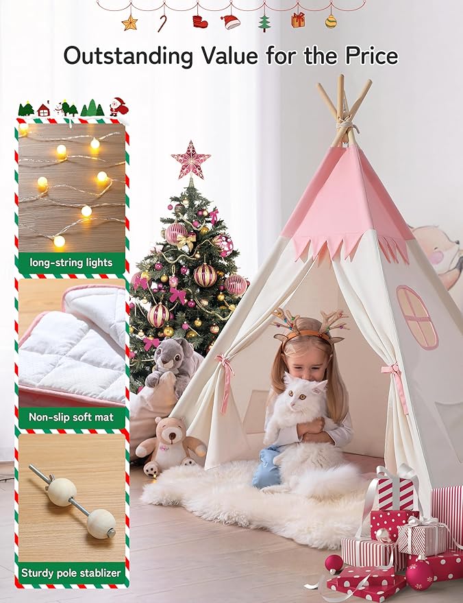 Teepee Tent for Kids Indoor,Kids Play Tent, Toddler Teepee Girls Boys, Baby Teepee, Children Room, Reading Tp,Canvas Playhouse with Lights and Mat (Peachy-Pink, Padded mat)