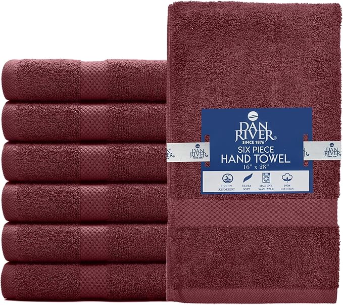 DAN RIVER 6-Pack Premium Hand Towels (16x28 Inches) - 100% Cotton, Ultra Soft, Lightweight, Highly Absorbent Towels for Bathroom, Spa, Gym, Salon, Hotel, and Travel - Pomegranate